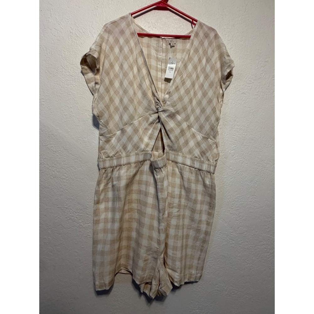 LOFT Beach Gingham Twist Front Cutout Romper Beige White XXL NWT 532331